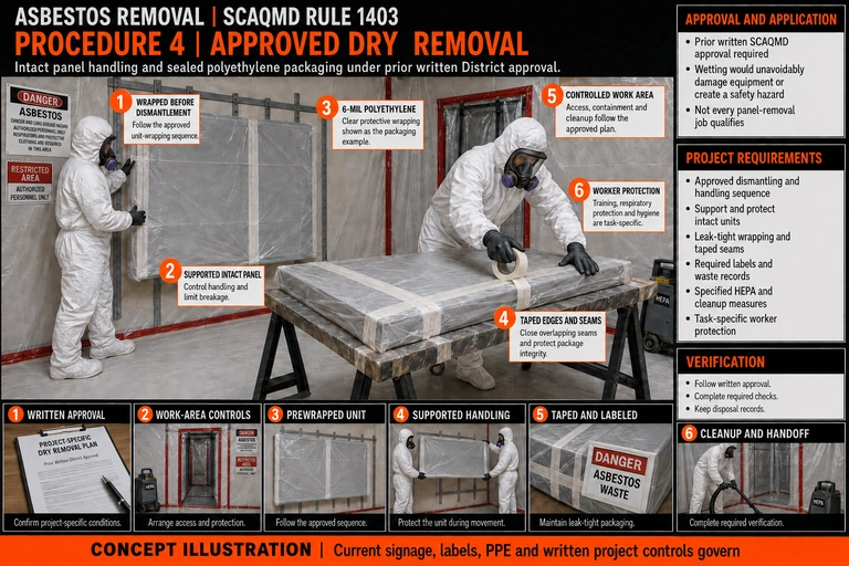 SCAQMD Procedure 4 concept illustration: protected workers support an intact prewrapped asbestos panel and tape the seams of 6-mil polyethylene packaging under prior written District approval.
