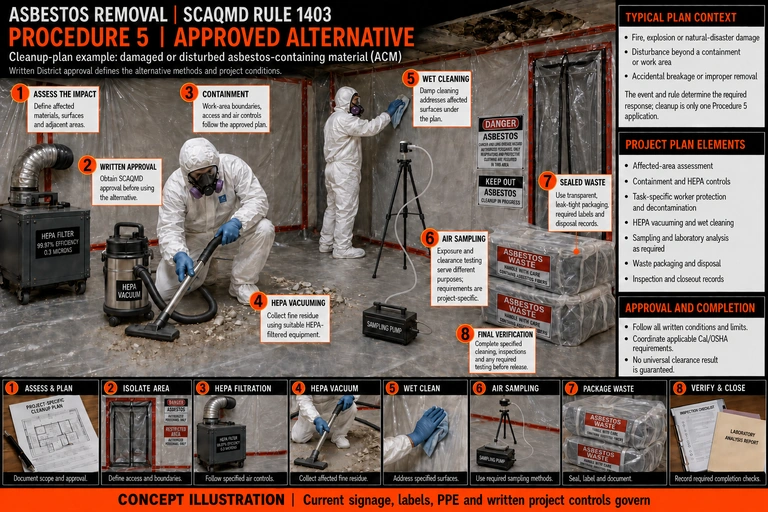SCAQMD Procedure 5 concept illustration: a District-approved cleanup-plan example with containment, HEPA vacuuming, damp wiping, separate air-sampling equipment, sealed waste and project-specific verification.