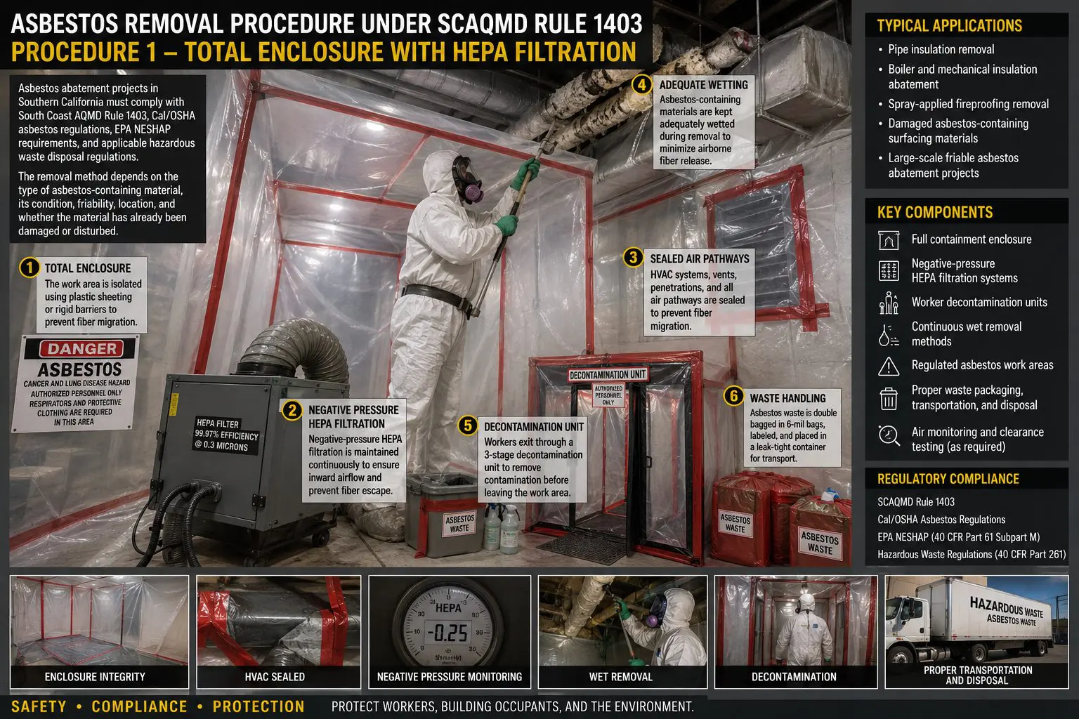 Field illustration of an isolated asbestos work area using HEPA filtration for Rule 1403 Procedure 1