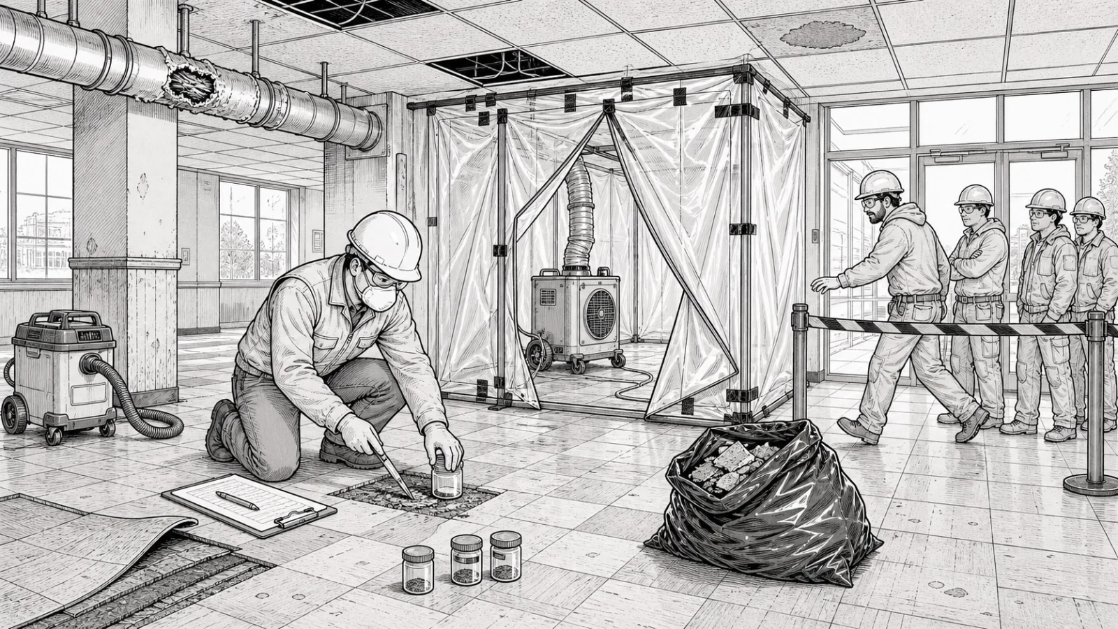 Black-and-white training illustration of an older commercial interior undergoing an independent asbestos survey before demolition, with suspect flooring, damaged pipe insulation, ceiling materials, containment equipment and a crew waiting outside the work area.