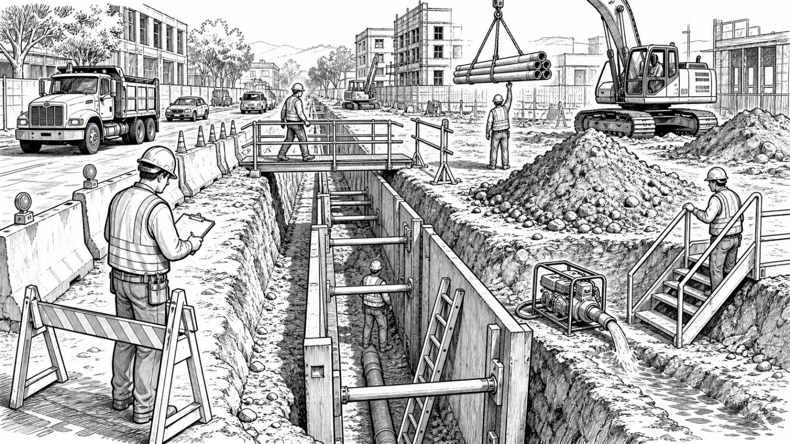 Black-and-white search-and-find illustration of a protected utility trench with a trench shield, ladder, pump, spoil pile, pedestrian crossing, excavator and several access and protection problems.