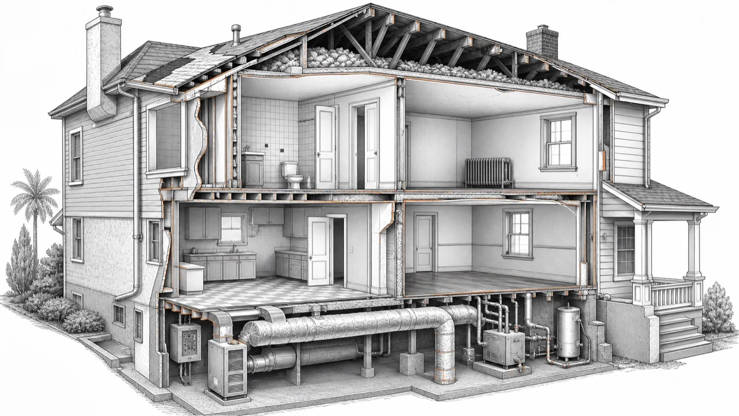 Monochrome cutaway illustration of a building showing roofing, attic, walls, floors, ductwork, piping, heating equipment and electrical systems that a project survey may need to evaluate