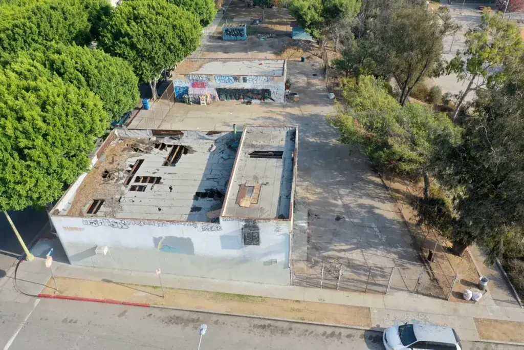 Aerial view of the Boyle Heights buildings before demolition