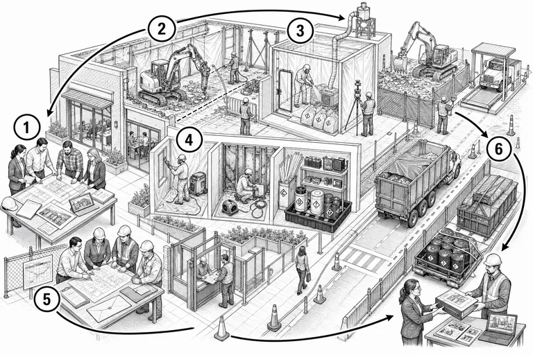 Black-and-white contractor FAQ directory illustration connecting project review, demolition, controlled abatement, permits, logistics, waste handling, and closeout