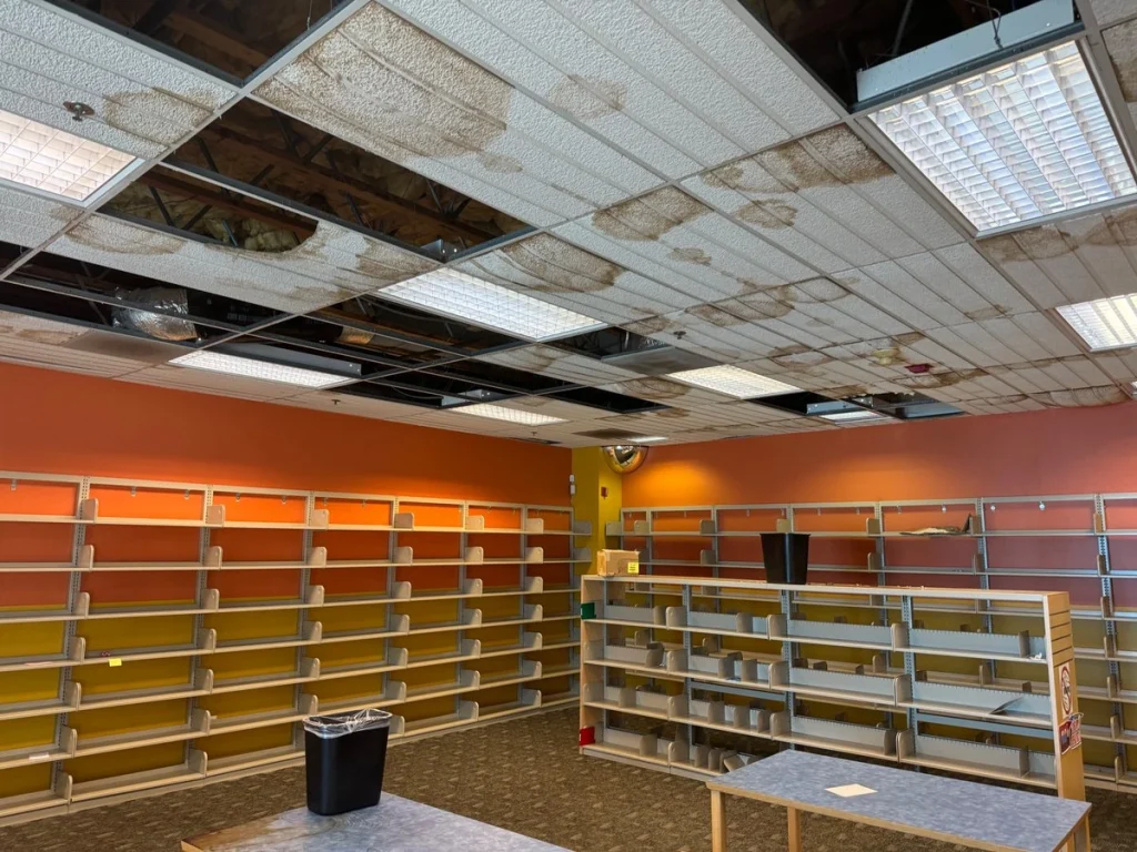 Existing library interior and ceiling conditions at Bandini Library.