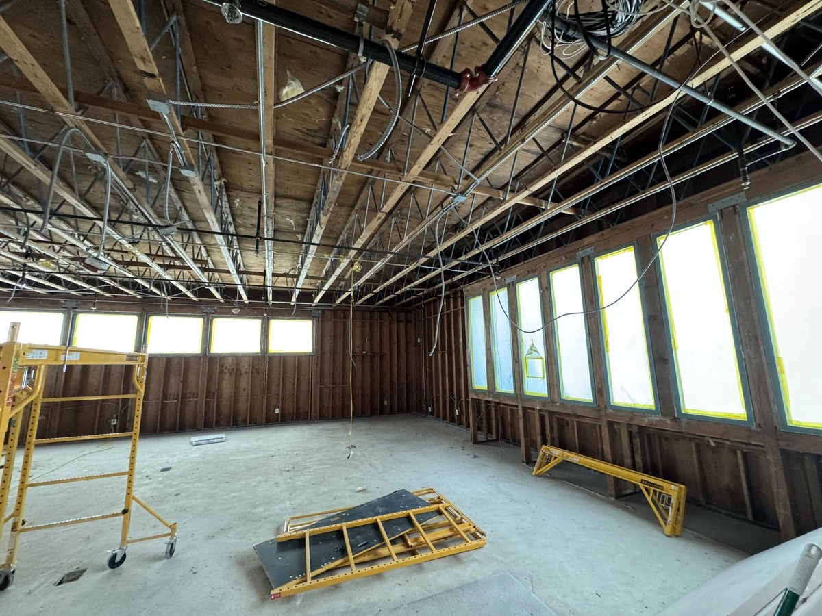 Library interior with wall and ceiling finishes removed at Bandini Library